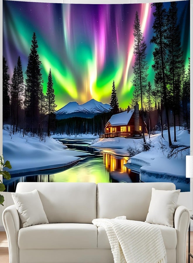 BVBOX Blacklight Northern Lights Tapestry 79" x 59", Aurora Snow Mountains Forest Lake Hut Northern Lights Backdrop Decor, UV Reactive Glow In The Dark Aurora Borealis Backdrop - Image 2